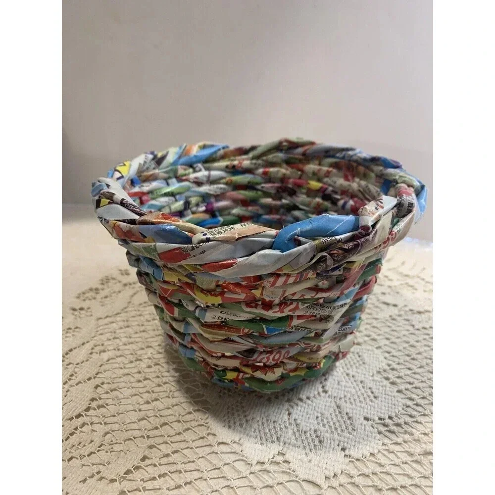 Up cycled Magazine Recycled Paper Weave Basket Planter Pot Holder Boho Unique